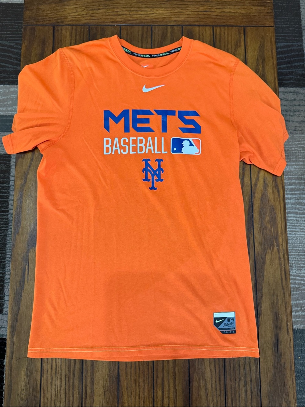 Nike Orange Mets Baseball Tee with Blue & White Logos - Short Sleeve